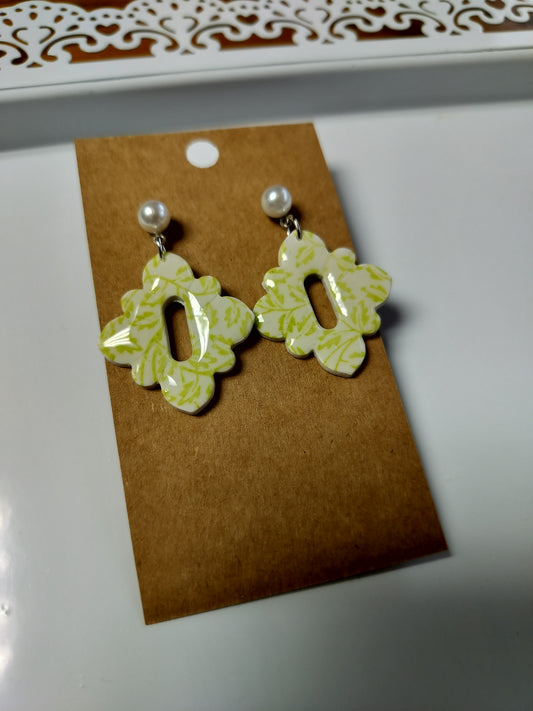 Green Printed Design Pearl Studs